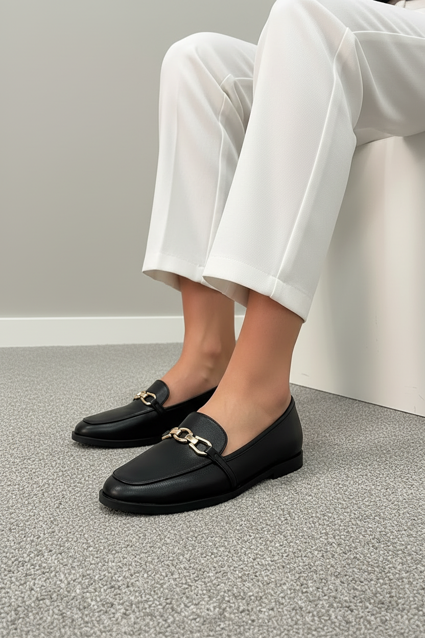 Mocasines Para Mujer Negros Con Detalle Metálico Dorado Elegantes Calzado De Vestir - 13326