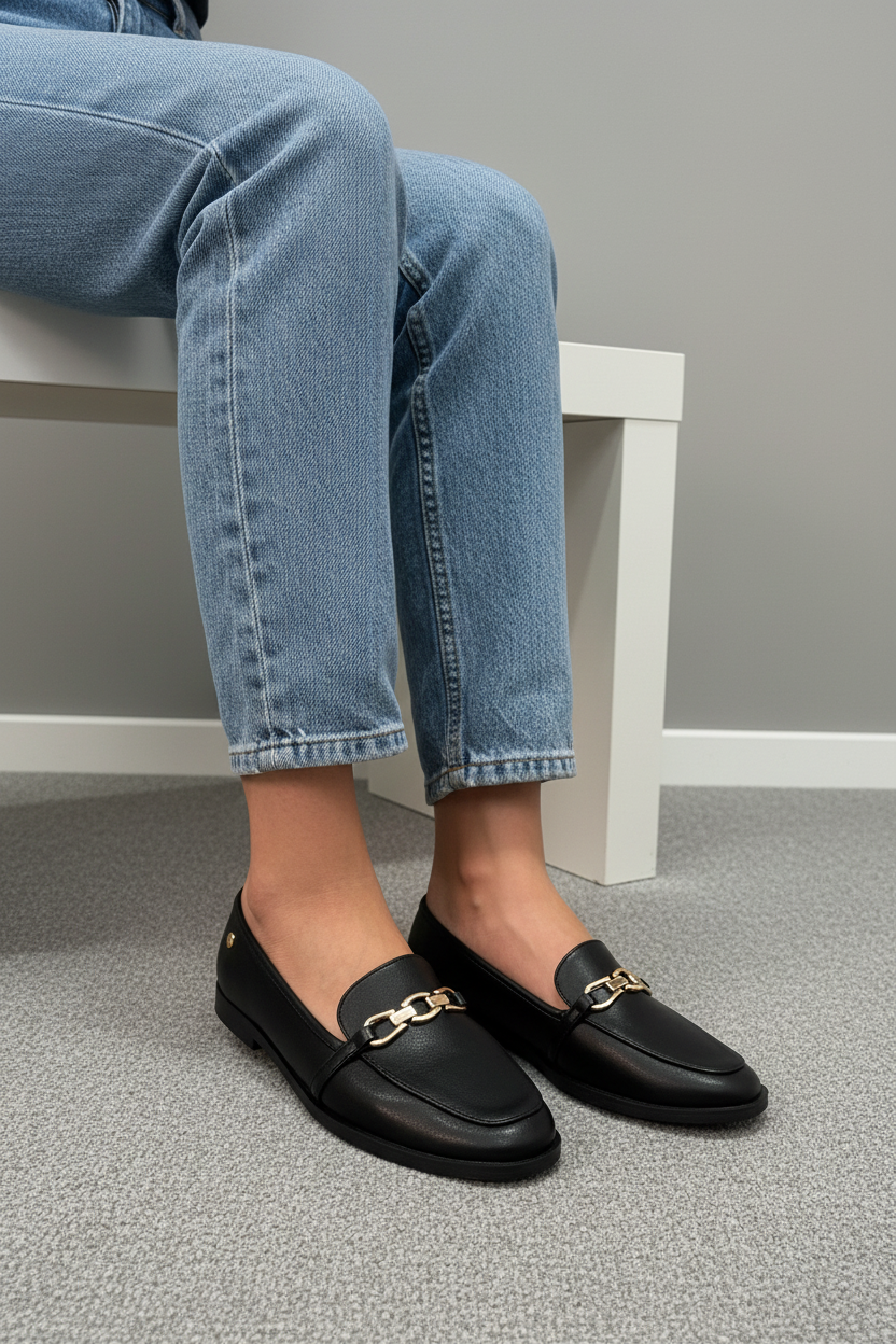 Mocasines Para Mujer Negros Con Detalle Metálico Dorado Elegantes Calzado De Vestir - 13326