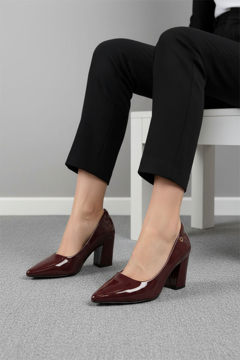 Zapatos De Vestir Burdeos En Charol Para Dama Con Tacón Alto Cuadrado Elegante - 14255