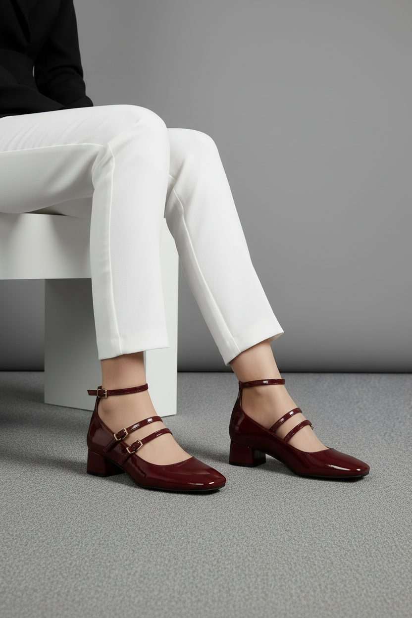 Mary Jane Elegancia Retro 14314 Doble Correa Ajustable Y Tacón Bajo Cuadrado Confort Diario