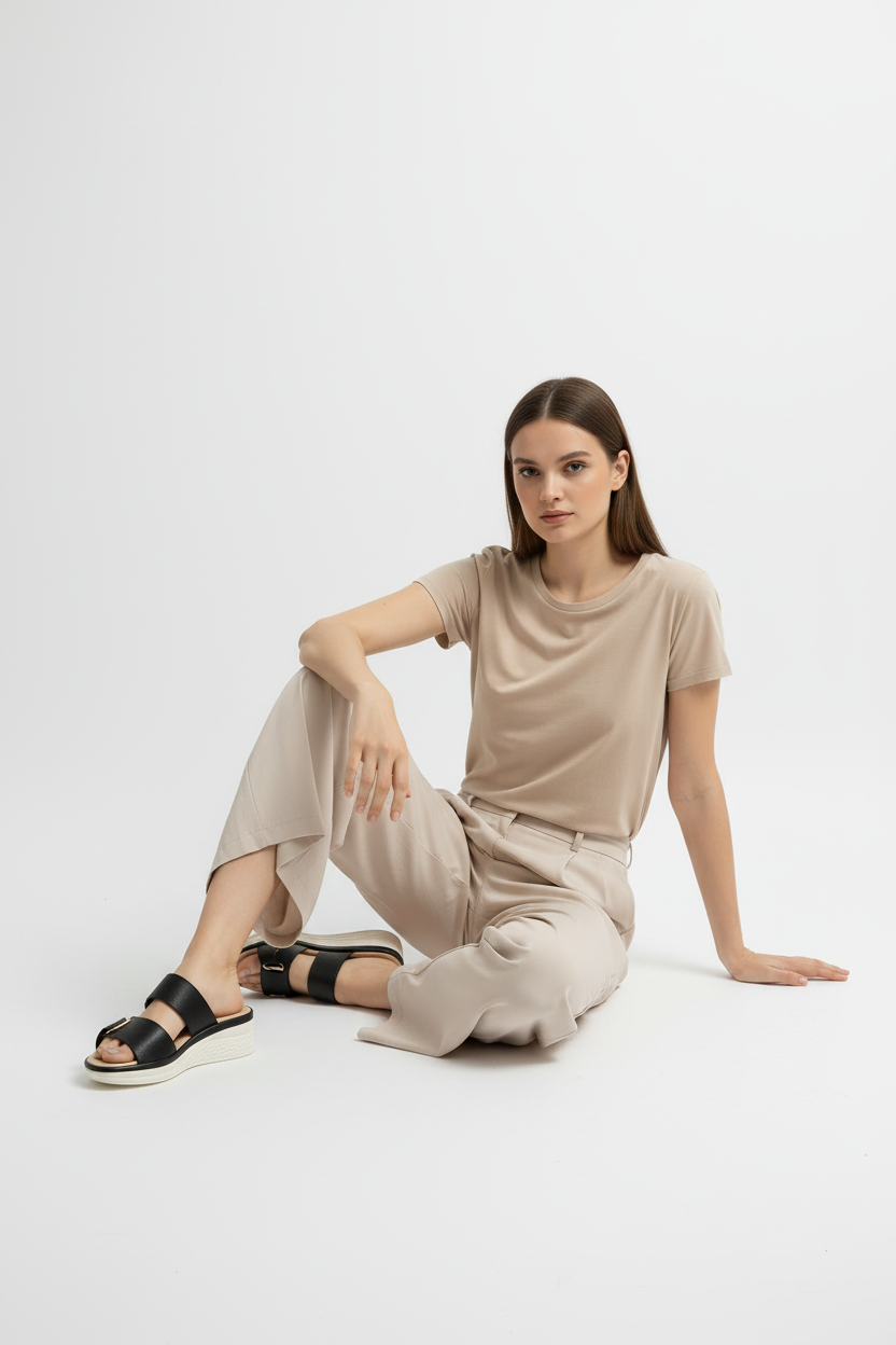 Sandalias Negras Con Plataforma Ligera Y Dos Correas Anchas Estilo Casual – 14670