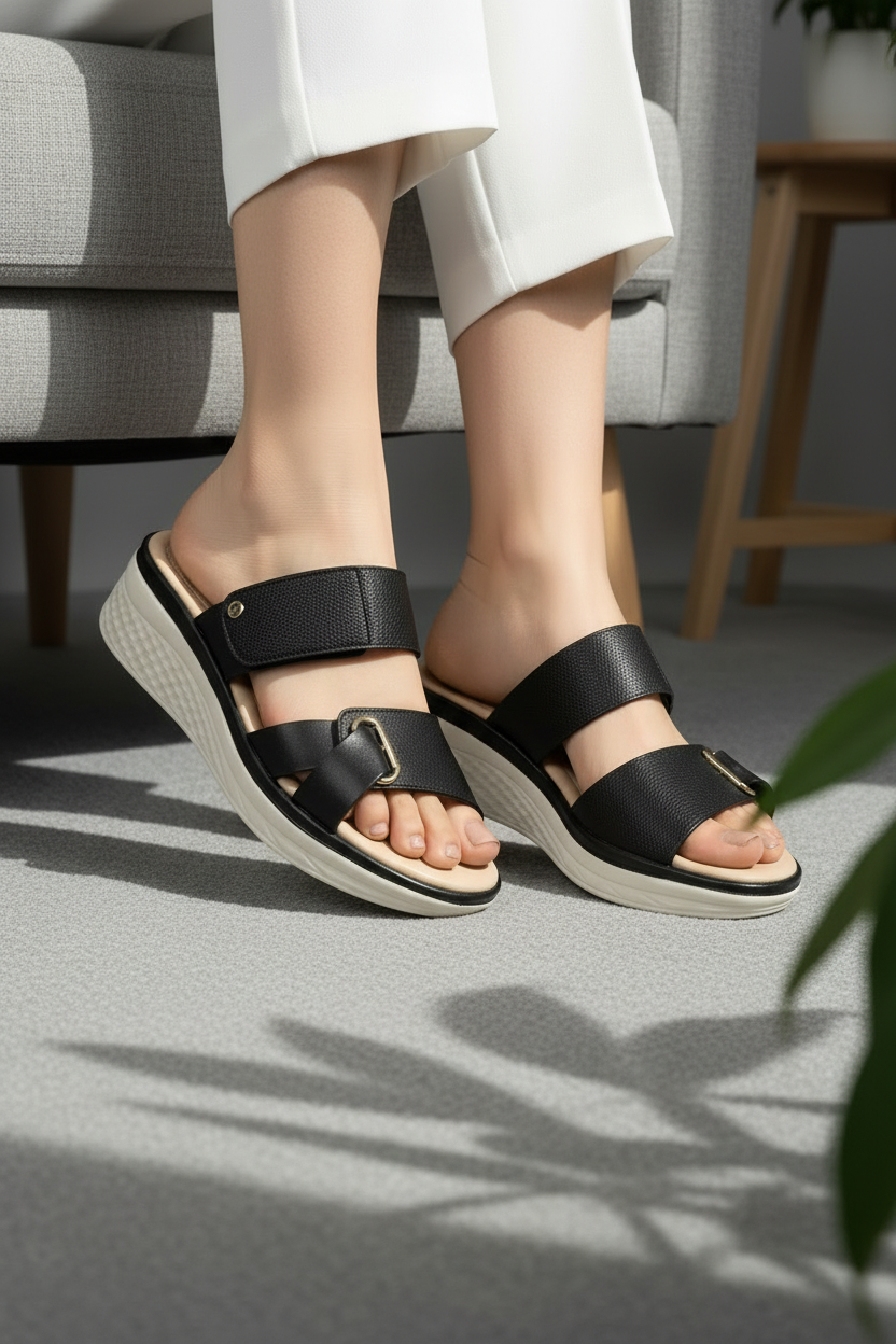 Sandalias Negras Con Plataforma Ligera Y Dos Correas Anchas Estilo Casual – 14670