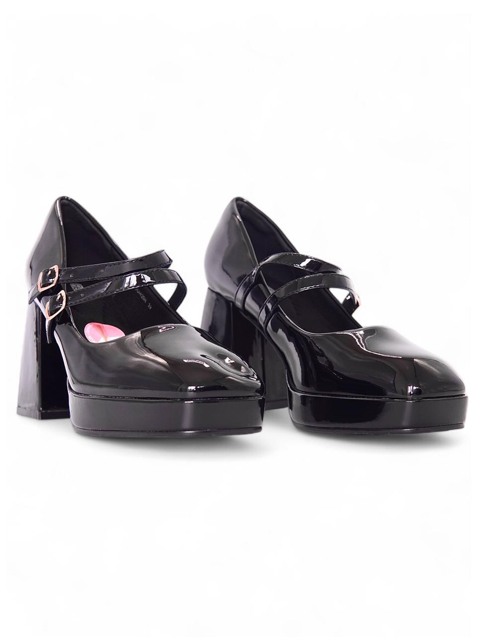 13519 - Zapatos de Plataforma en Charol Negro con Doble Correa