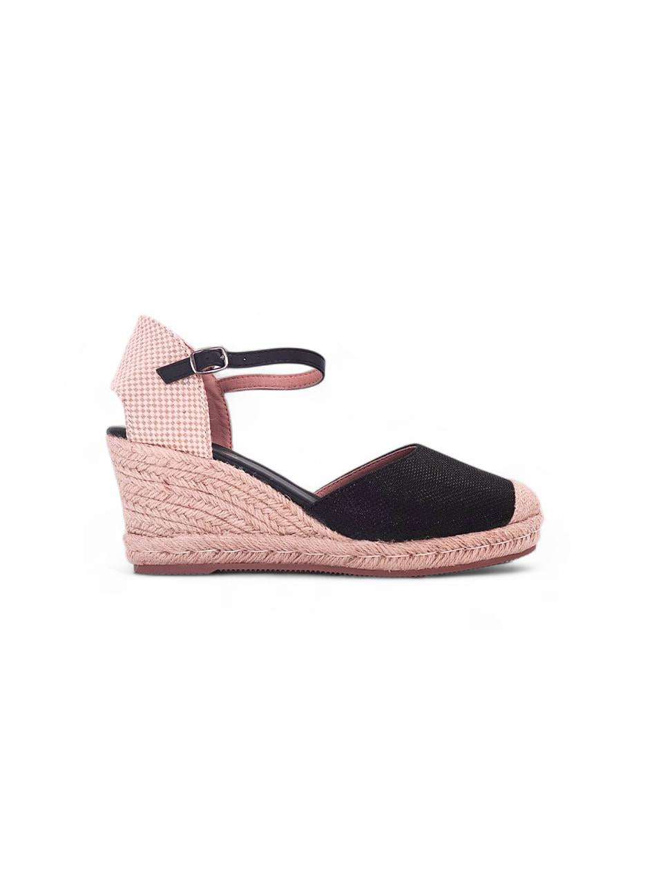 13050 - Sandalias de Cuña para Mujer en Negro con Detalles Nude