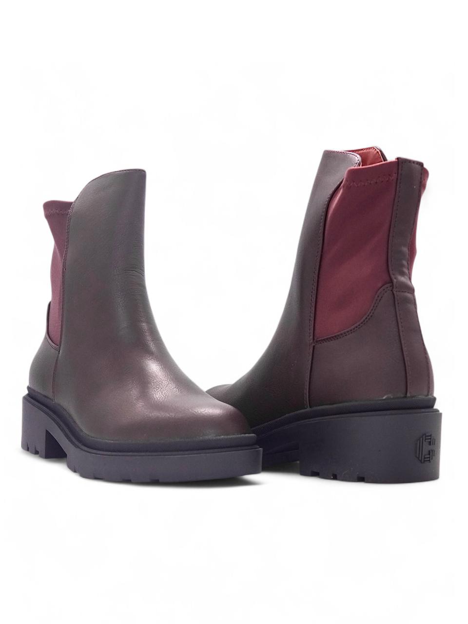 11865 - Botín Chelsea para Mujer en Color Café Oscuro con Detalles Vino