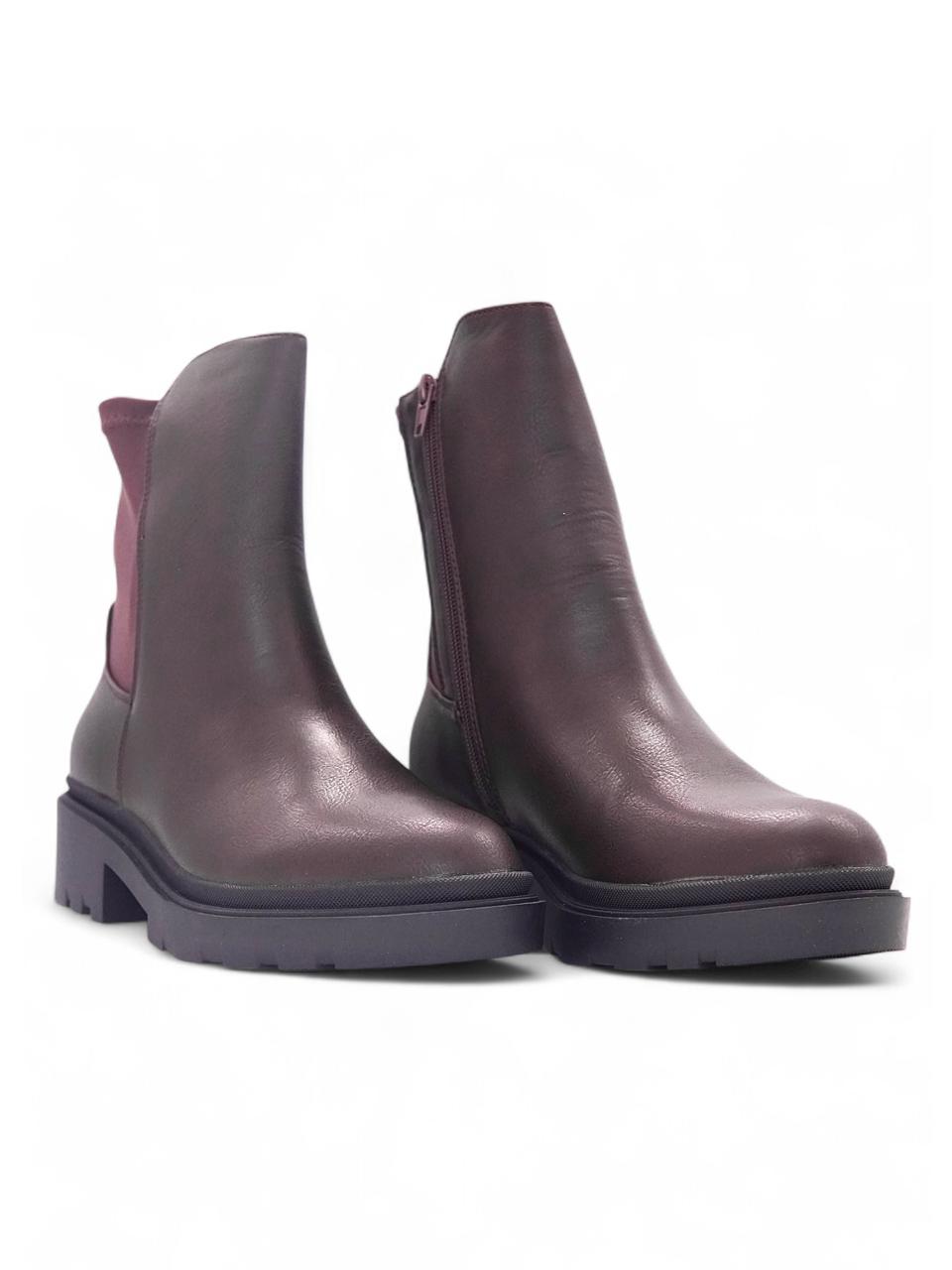 11865 - Botín Chelsea para Mujer en Color Café Oscuro con Detalles Vino