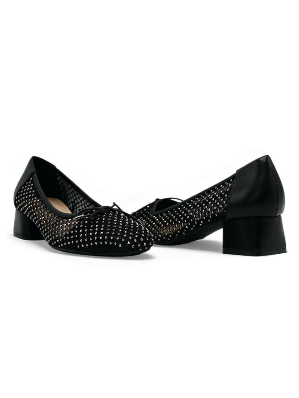 13461 – Zapatos de Tacón Bajo para Mujer en Malla Negra con Detalles Brillantes