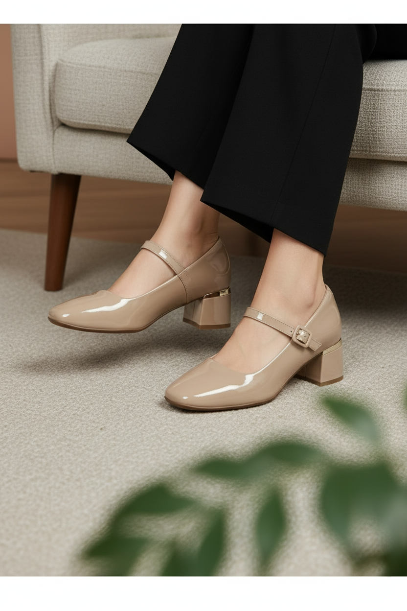 Zapatos De Tacón Medio En Charol Nude Con Hebilla Acabado Brillante Diseño Elegante Y Cómodo – 13511