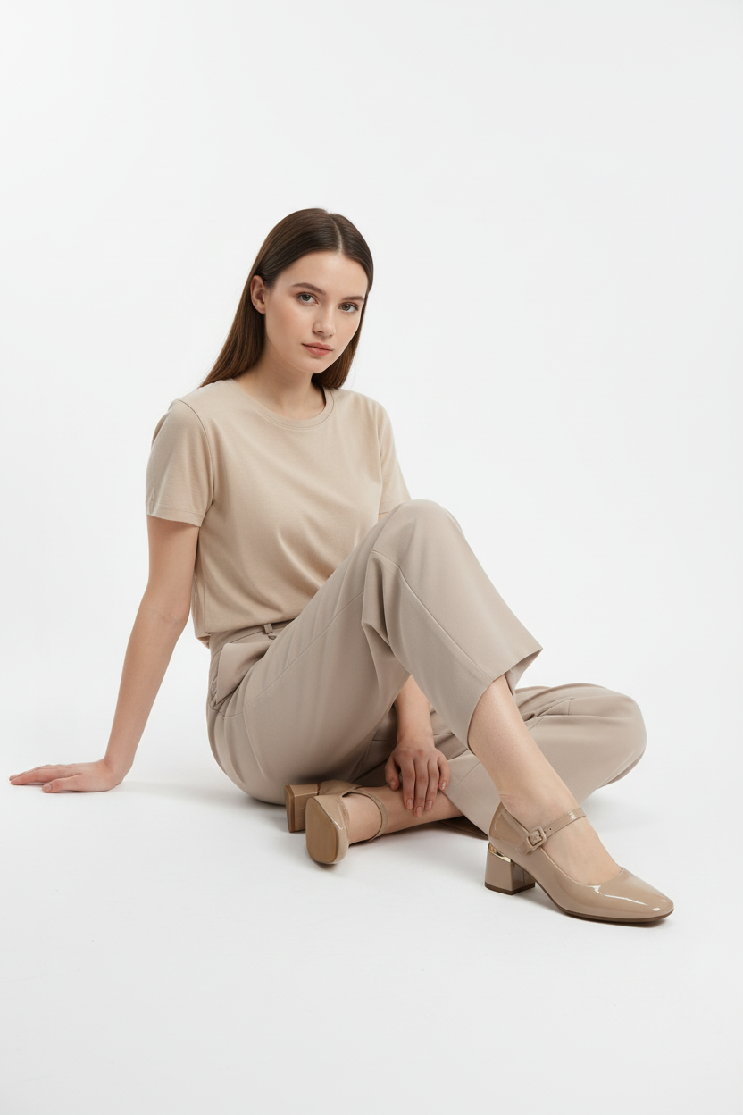 Zapatos De Tacón Medio En Charol Nude Con Hebilla Acabado Brillante Diseño Elegante Y Cómodo – 13511