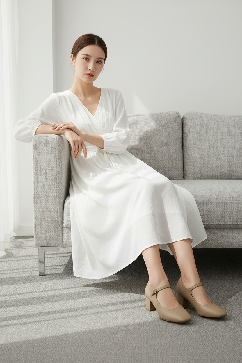 Zapatos De Tacón Medio Beige Con Correa Ajustable Para Mujer Estilo Clásico Y Confortable 13440