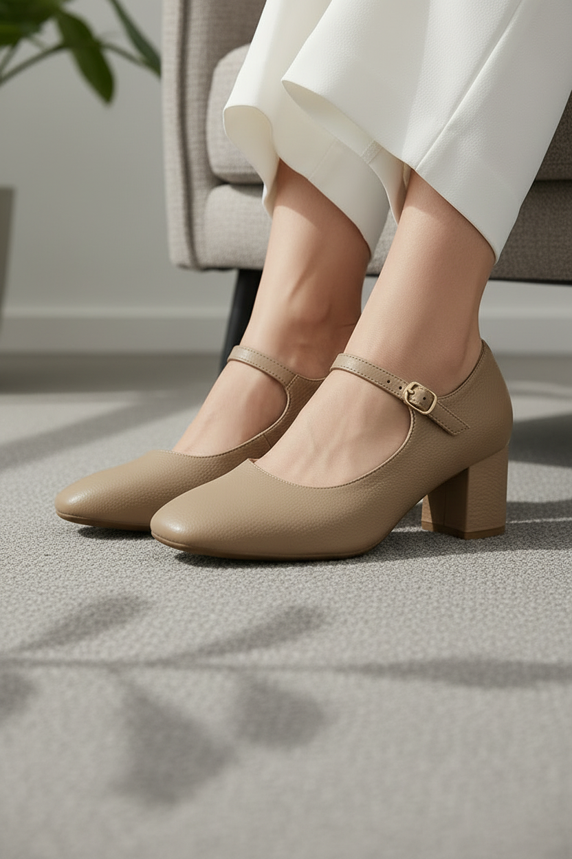 Zapatos De Tacón Medio Beige Con Correa Ajustable Para Mujer Estilo Clásico Y Confortable 13440