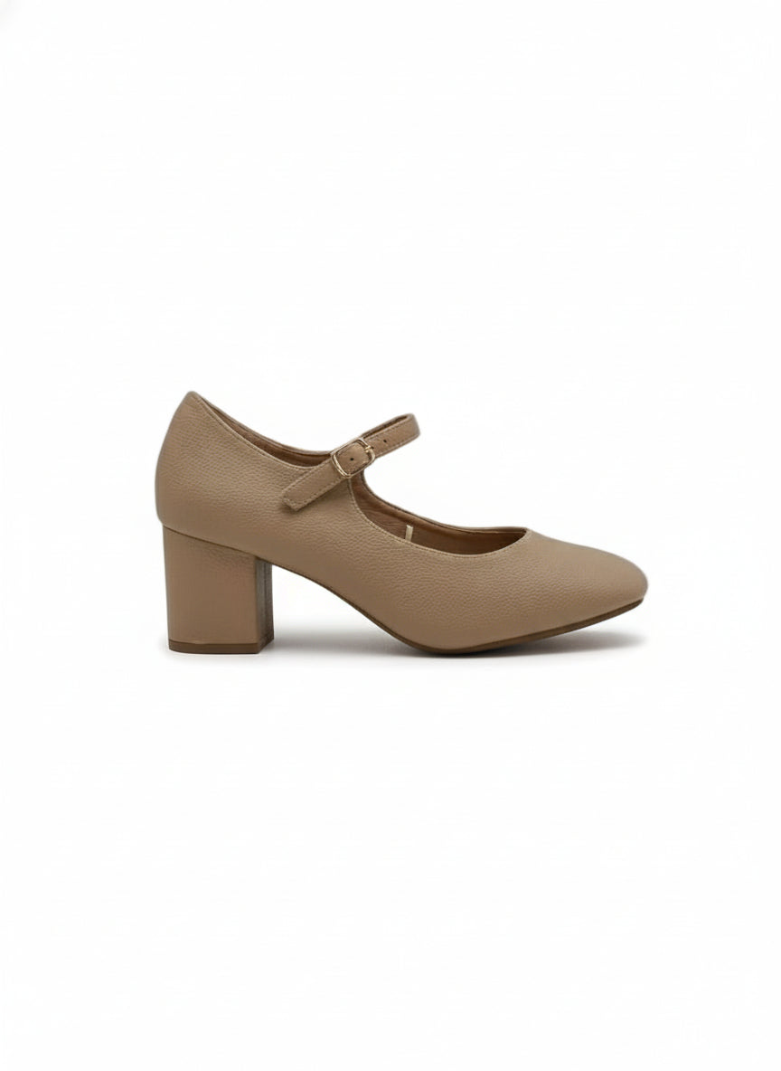 13440 - Zapatos de Tacón Medio para Mujer en Color Beige con Correa Ajustable