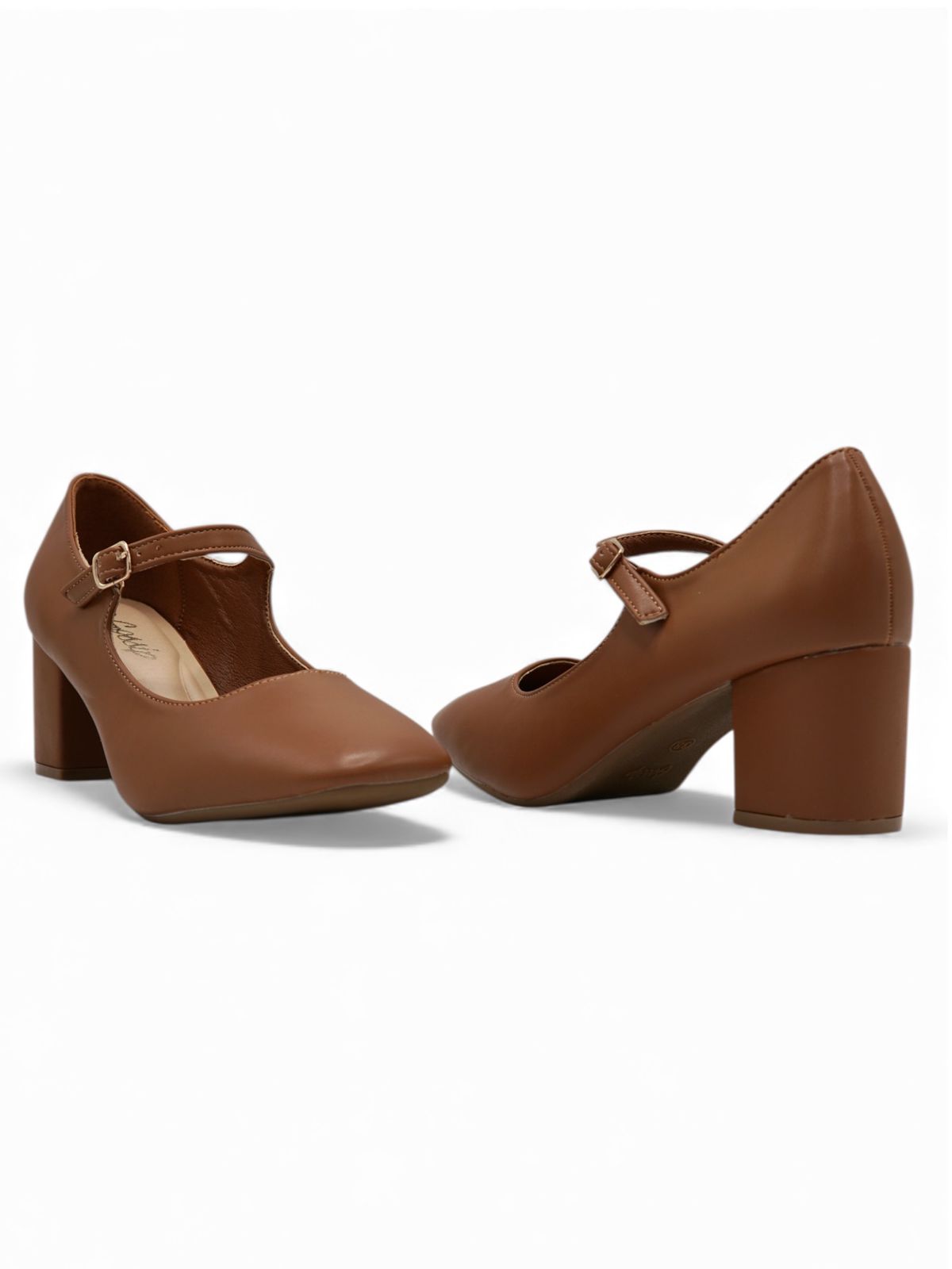 13445 - Zapatos de Tacón Medio para Mujer en Color Marrón con Correa Ajustable