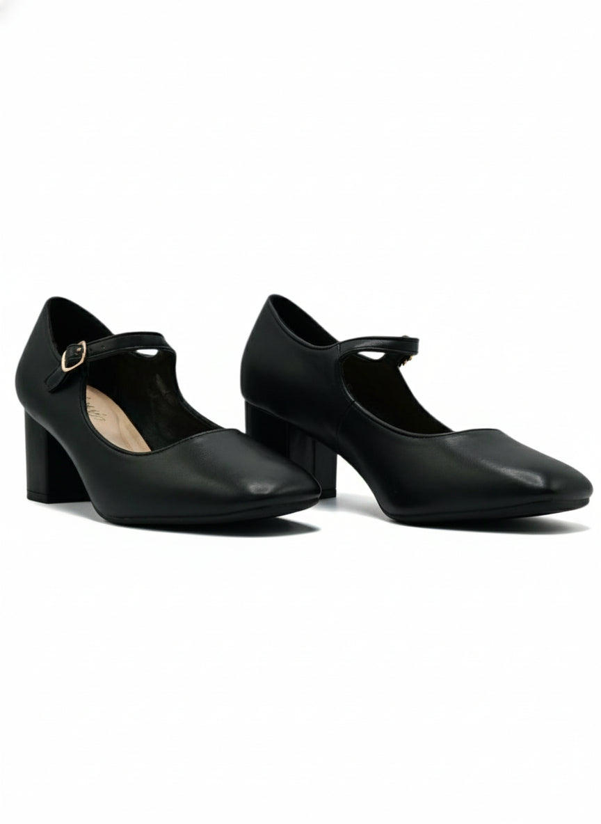 13441 - Zapatos de Tacón Medio para Mujer en Color Negro con Correa Ajustable