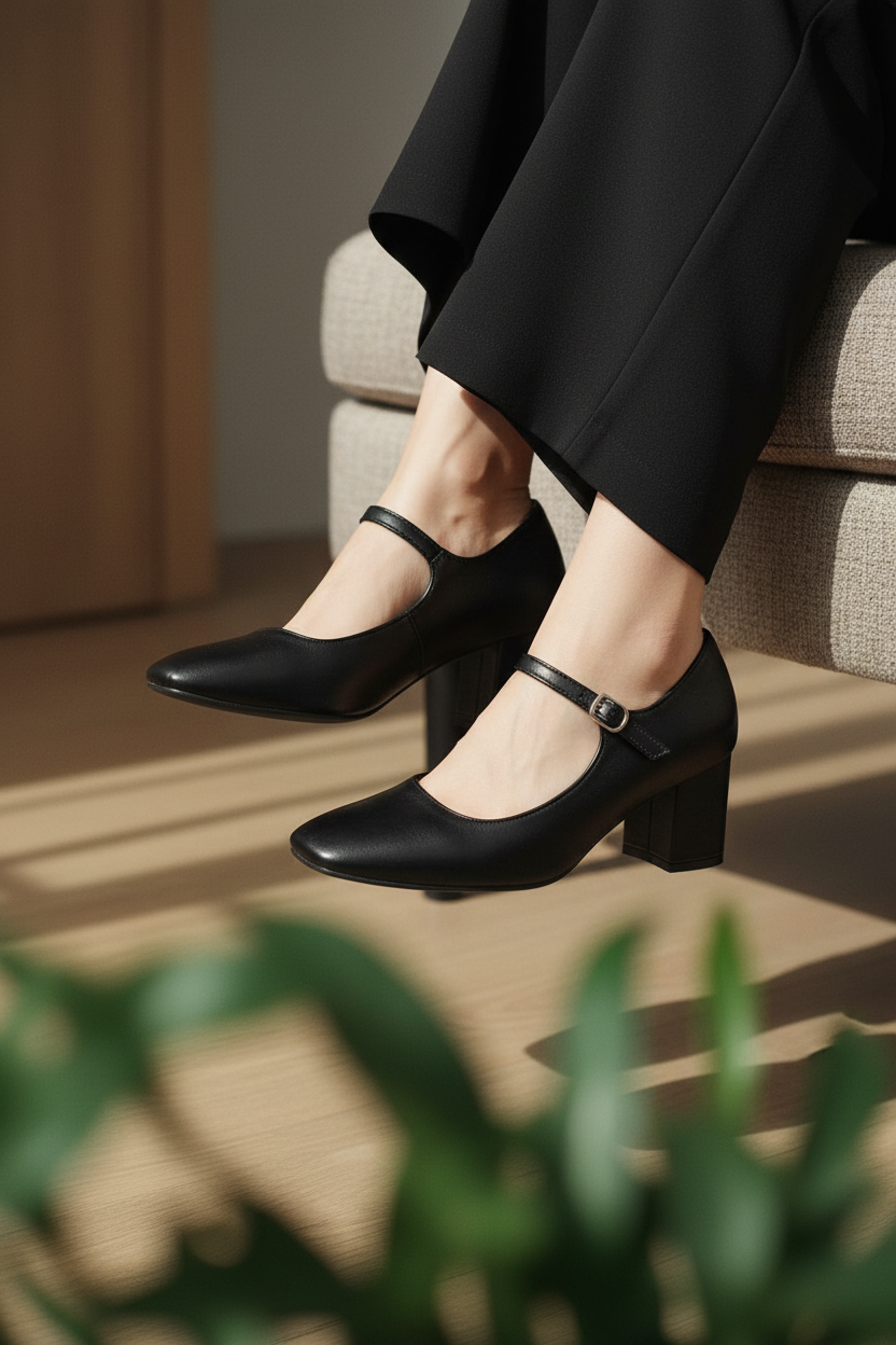 Zapatos de Tacón Medio Negro con Correa Ajustable Estilo Clásico y Elegante para Mujer - 13441