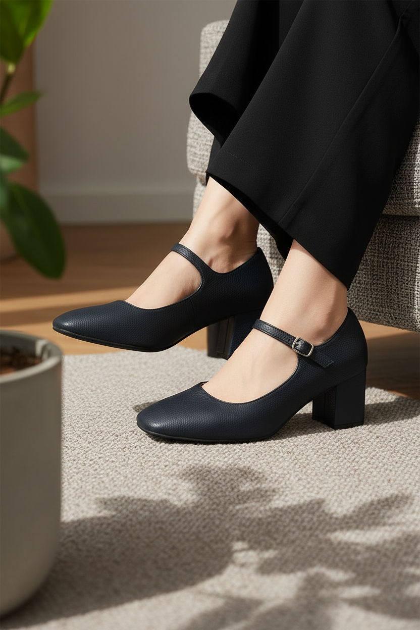 Zapatos De Tacón Medio Azul Marino Con Correa Ajustable Elegancia Diaria Cómodos - 13444