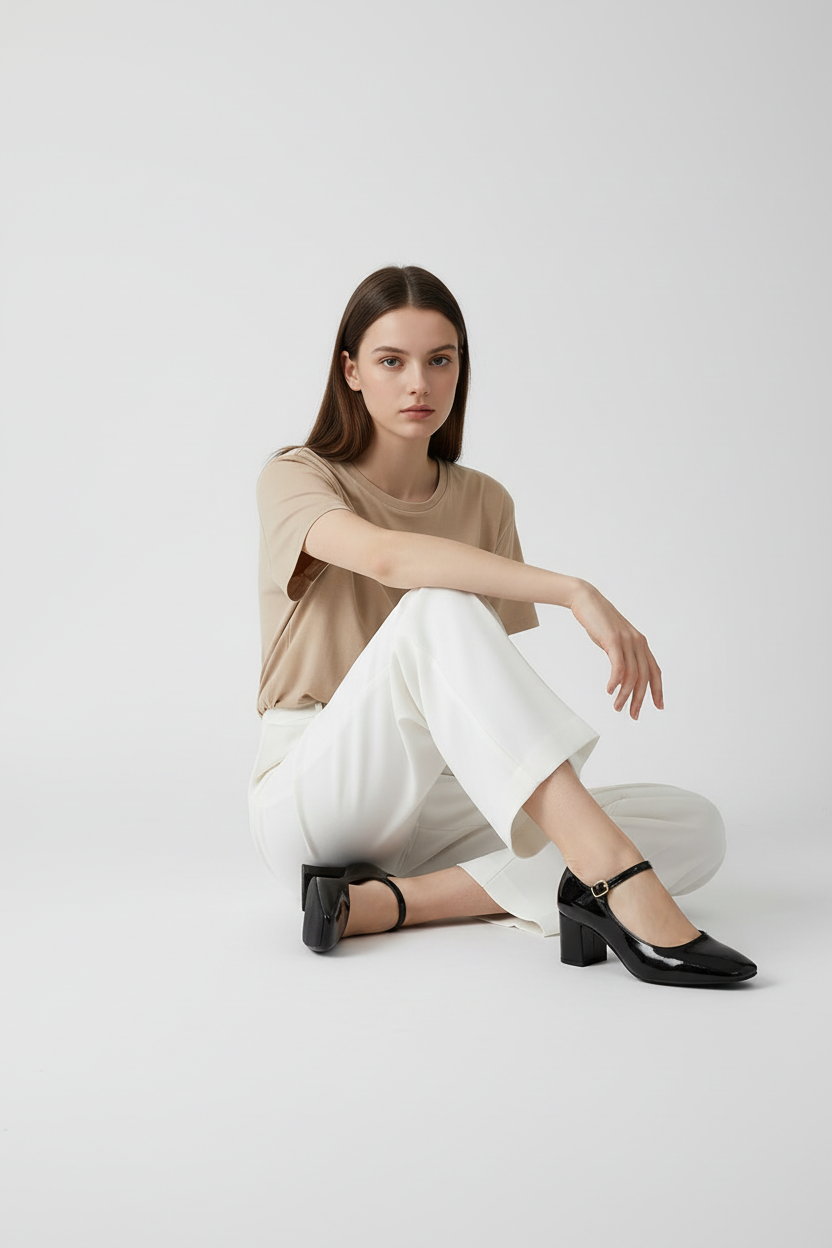 Zapatos de Tacón Medio en Charol Negro con Correa Ajustable Elegancia Clásica - 13443