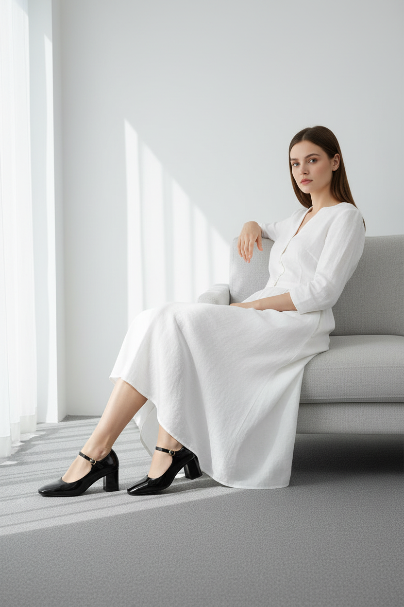 Zapatos de Tacón Medio en Charol Negro con Correa Ajustable Elegancia Clásica - 13443