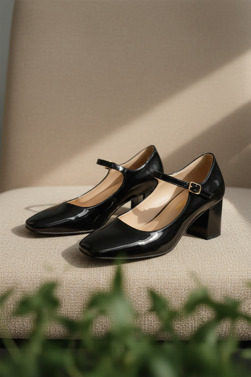 Zapatos de Tacón Medio en Charol Negro con Correa Ajustable Elegancia Clásica - 13443