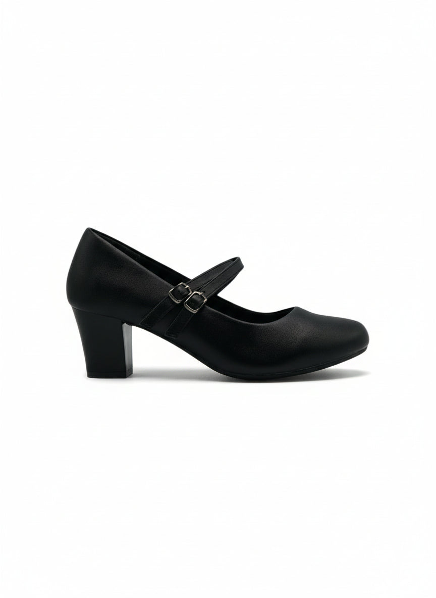 13585 - Zapatos de Tacón Medio para Mujer en Color Negro con Doble Correa Ajustable