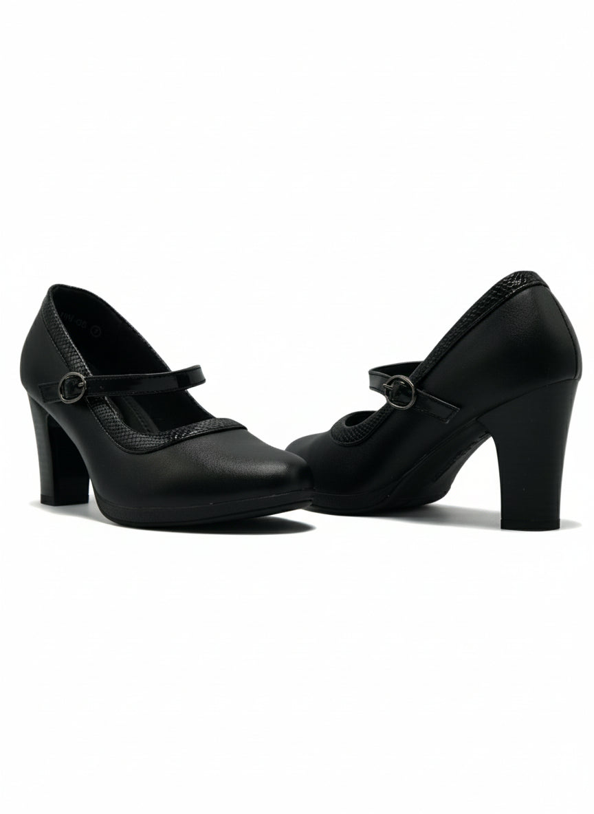 13586 - Zapatos de Tacón Alto para Mujer en Color Negro con Correa y Detalle Texturizado