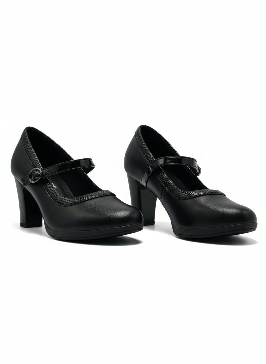 13586 - Zapatos de Tacón Alto para Mujer en Color Negro con Correa y Detalle Texturizado