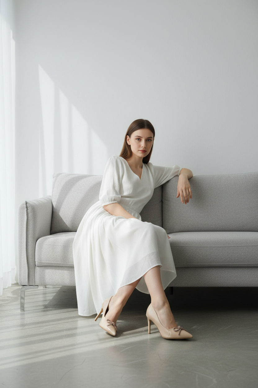 Tacones Beige en Charol con Detalle Metálico en Punta Fina, Silueta Alargada y Estilo Elegante Moderno – 14655