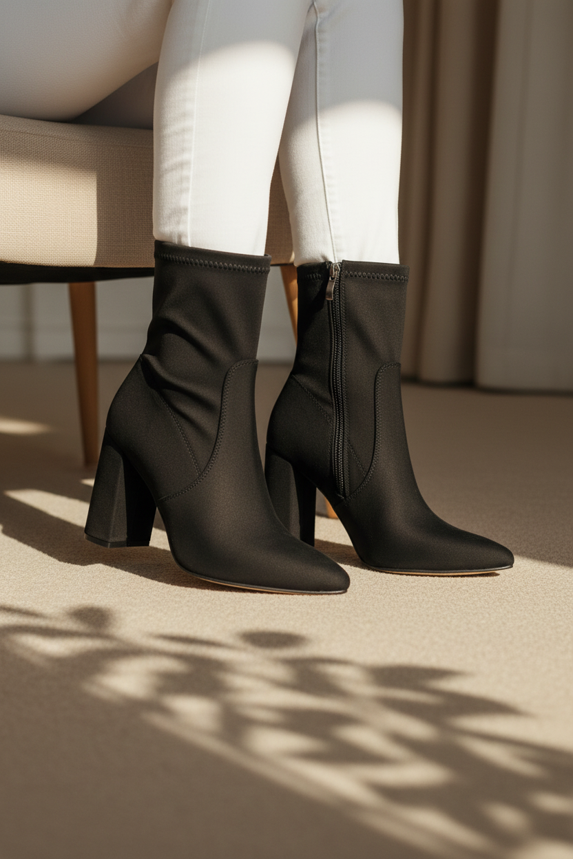 Botines Negros de Tacón Alto Recto con Diseño Elasticado en Tobillo para Silueta Estilizada - 14650