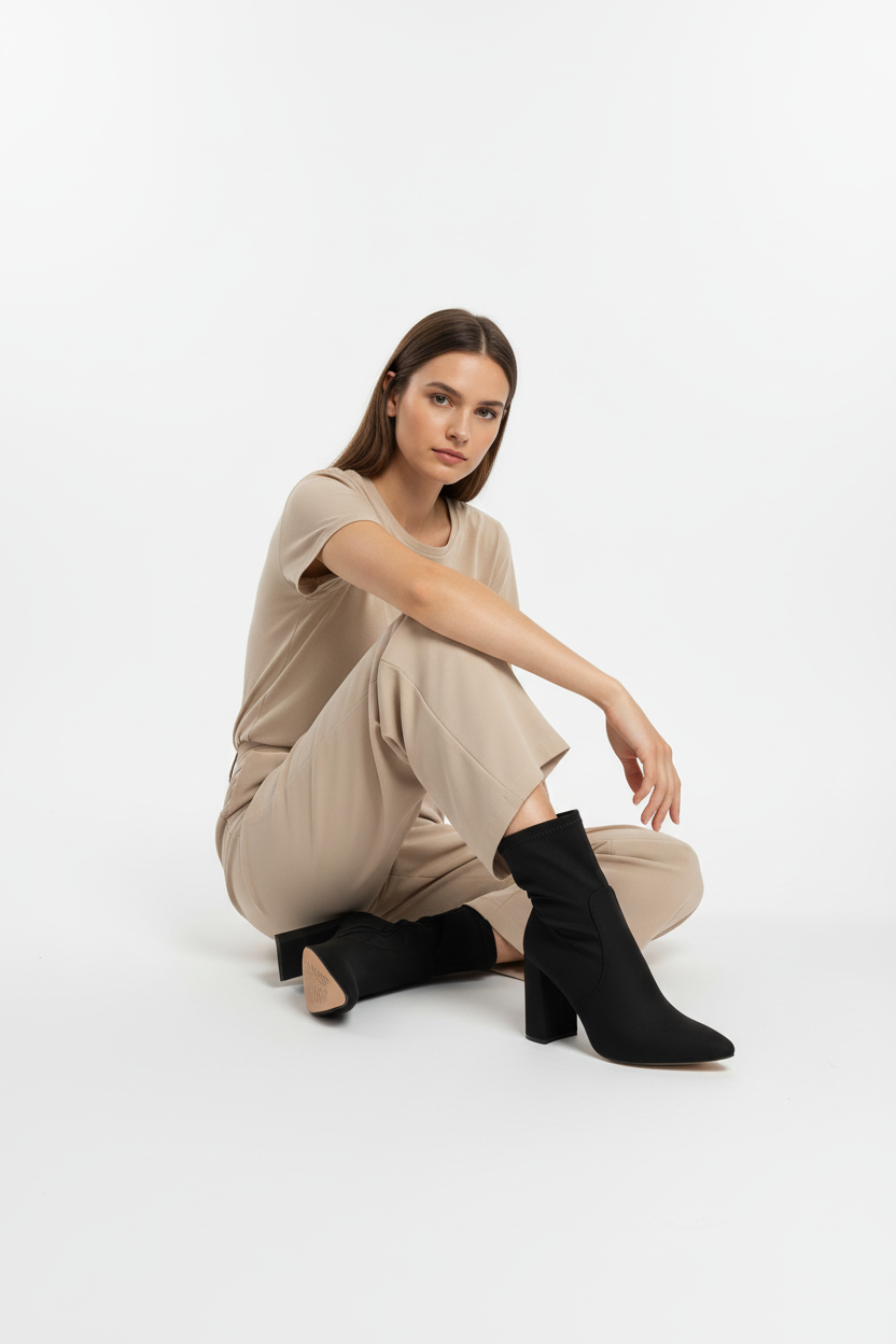 Botines Negros de Tacón Alto Recto con Diseño Elasticado en Tobillo para Silueta Estilizada - 14650