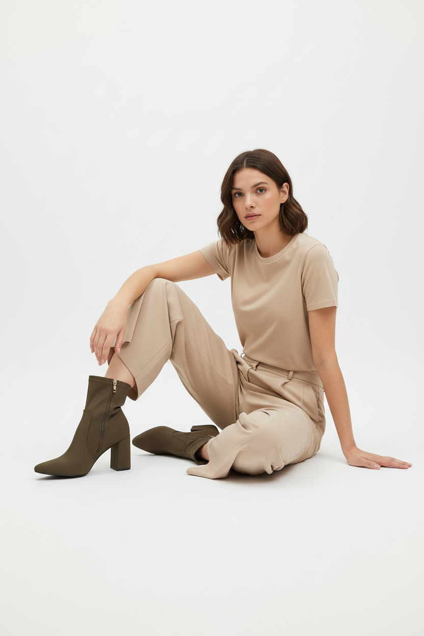 Botines Chocolate Con Tacón Alto Cuadrado Y Acabado Stretch Look Elegante - 14651