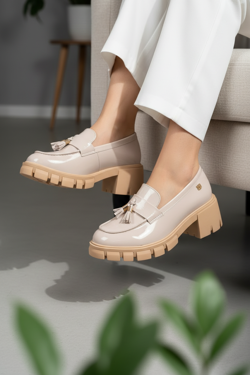 Mocasines Off White De Charol Con Borla Decorativa Y Plataforma Chunky Con Suela Robusta - 14546