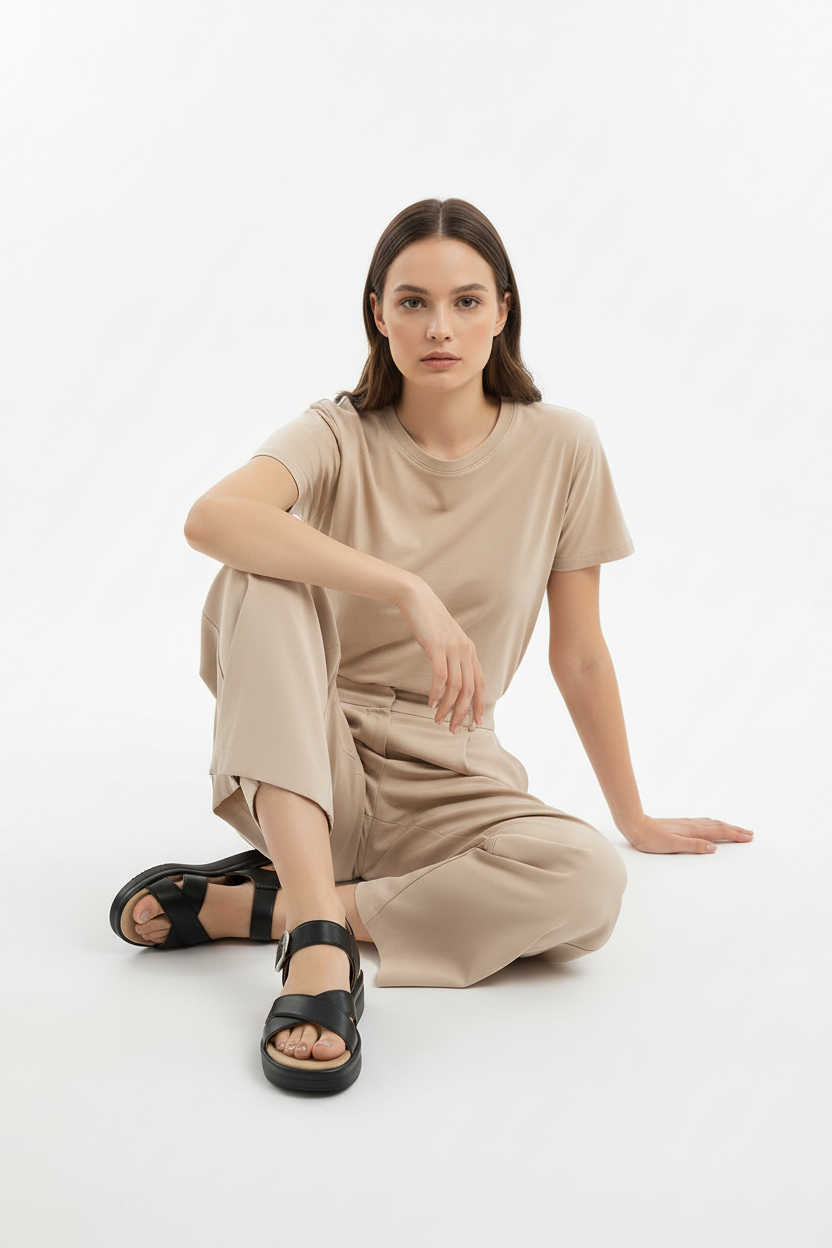 Sandalias Negras Con Plataforma Ligera Y Hebilla Dorada Correas Anchas Para Ajuste Firme - 14680