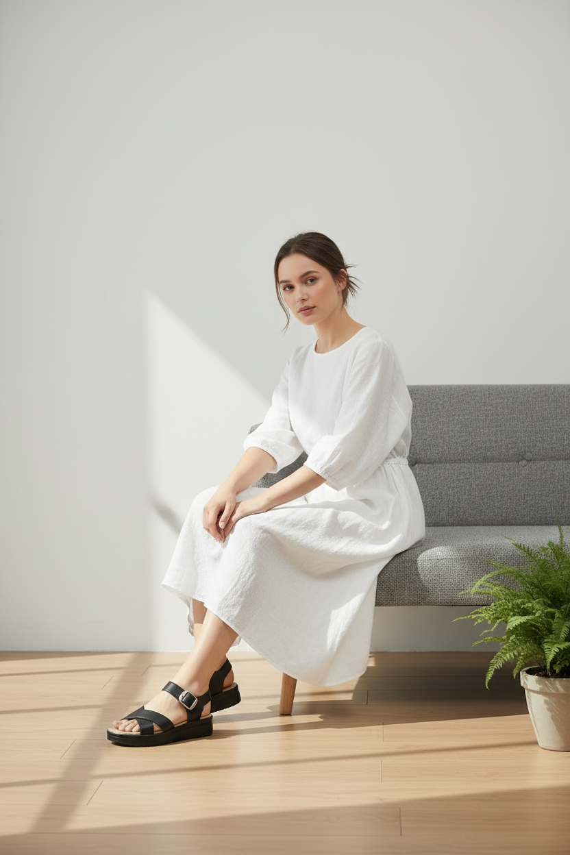 Sandalias Negras Con Plataforma Ligera Y Hebilla Dorada Correas Anchas Para Ajuste Firme - 14680