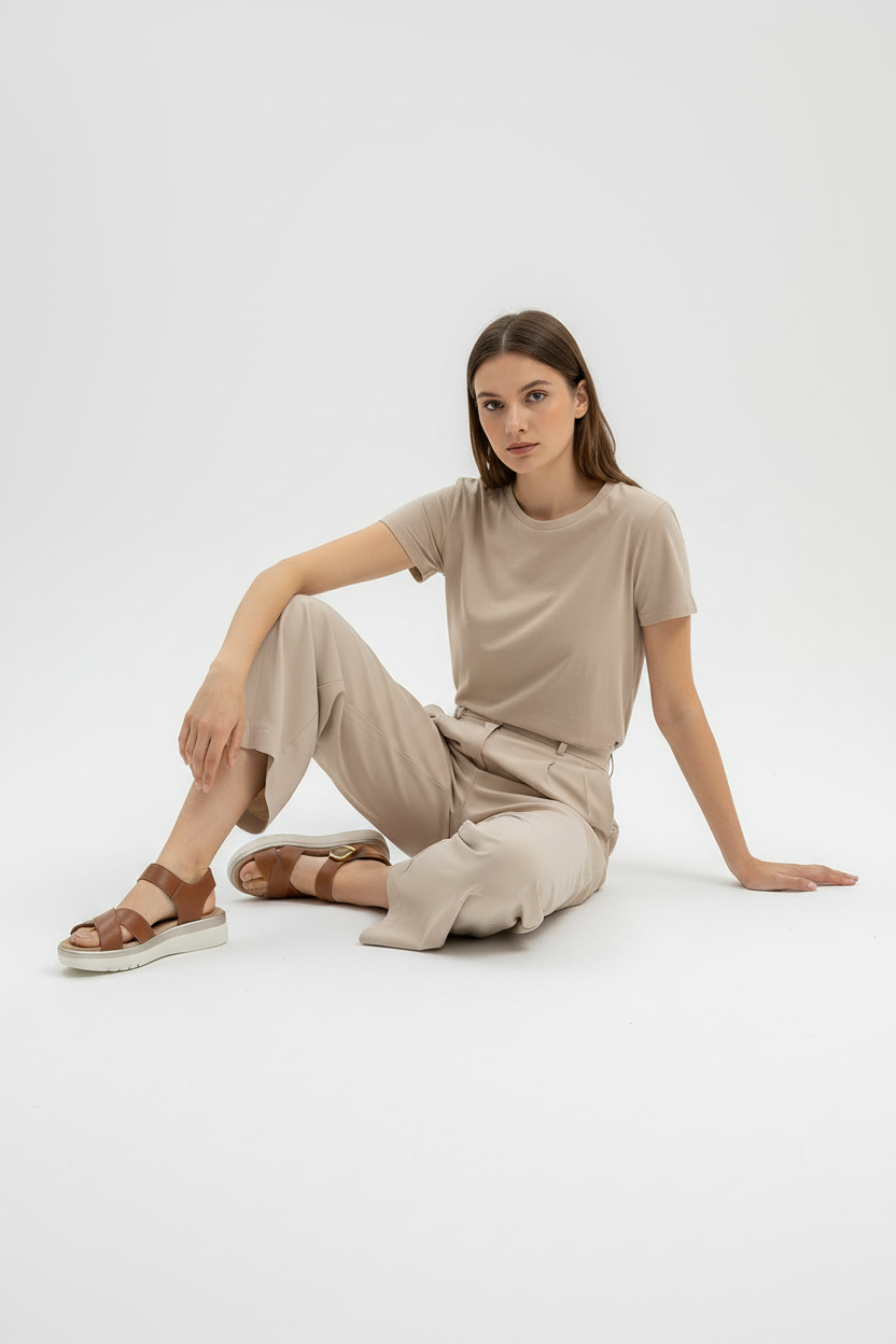 Sandalias Camel Con Plataforma Ligera Y Hebilla Dorada Con Correas Anchas - 14679