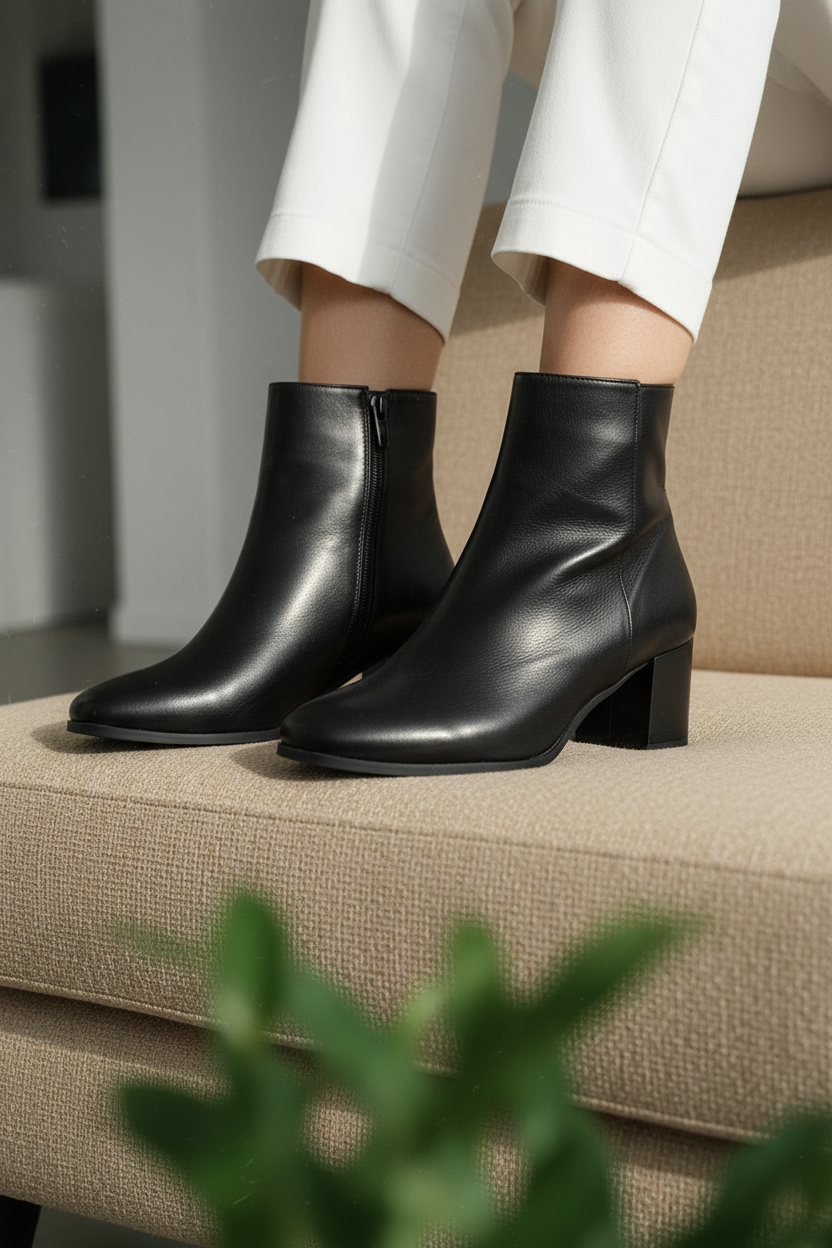 Botines Negros De Tacón Medio Con Acabado Liso Y Estilo Minimalista Para Uso Diario - 14652