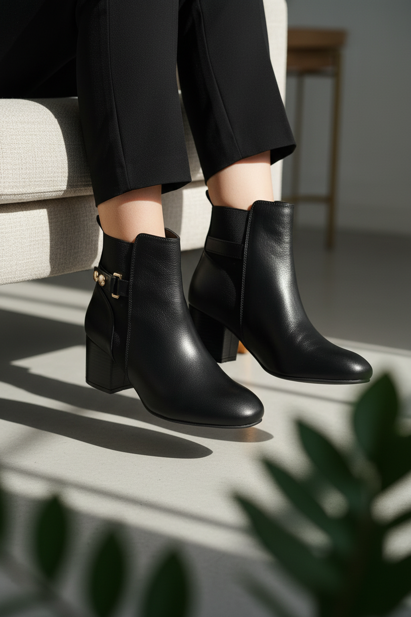 Botines Negros Con Tacón Medio Y Hebilla Dorada Decorativa Estilo Moderno Con Toque Clásico - 14676