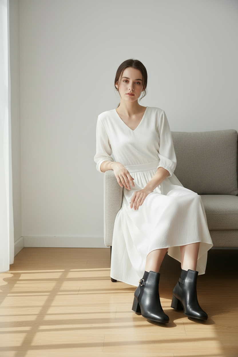 Botines Negros Con Tacón Medio Y Hebilla Dorada Decorativa Estilo Moderno Con Toque Clásico - 14676