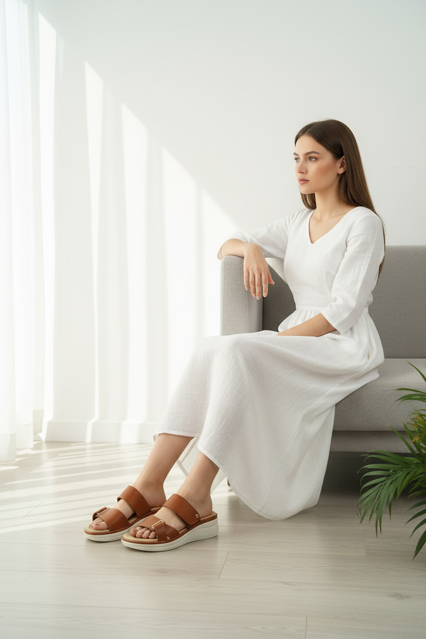 Sandalias Camel Con Plataforma Suave Y Doble Correa Para Uso Diario Estilo Casual - 14671