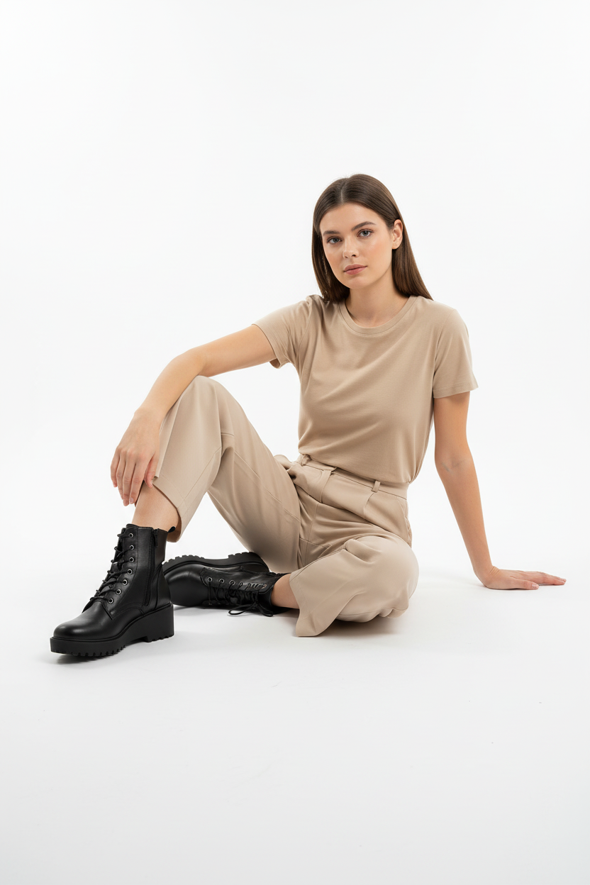 Botines Negros Con Caña Media Y Cordones, Tacón Medio Ancho, Estilo Combat Para Uso Diario - 14673