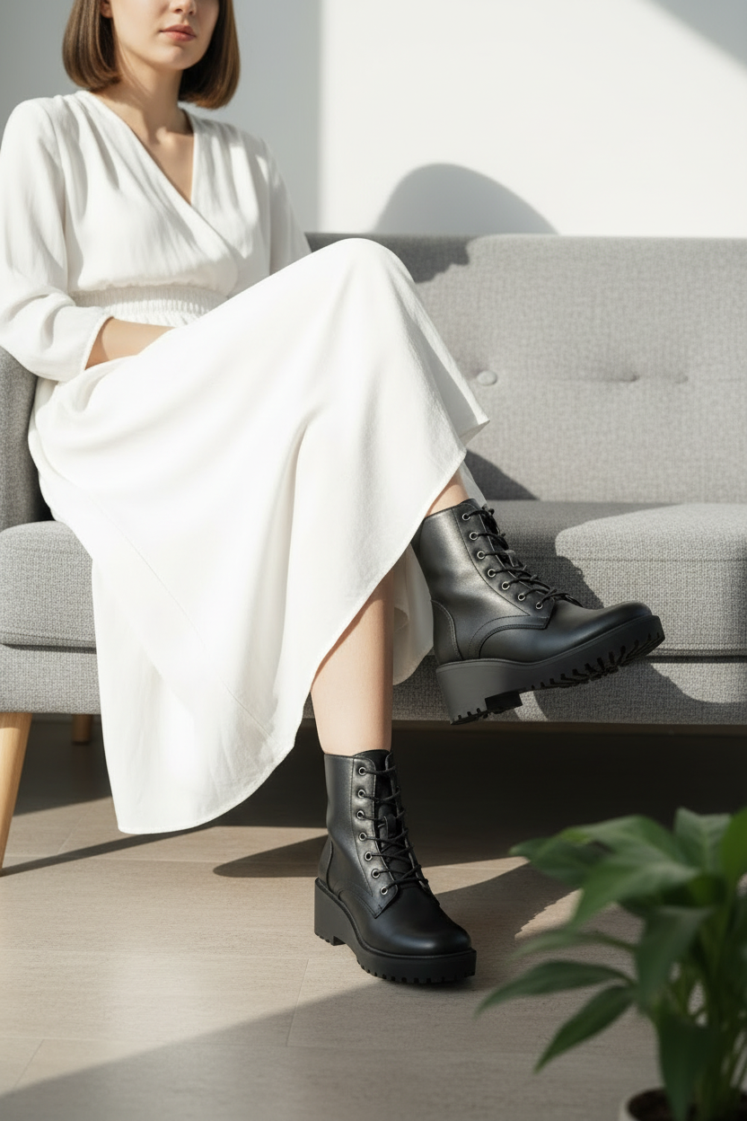 Botines Negros Con Caña Media Y Cordones, Tacón Medio Ancho, Estilo Combat Para Uso Diario - 14673
