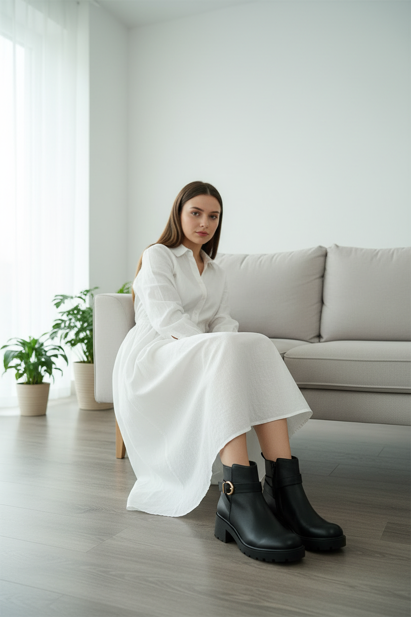 Botines Negros Con Tacón Medio Grueso Y Hebilla Dorada Estilo Moderno Y Versátiles Para Uso Diario – 14674