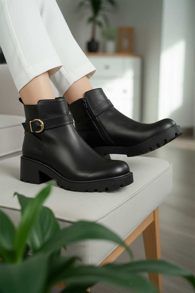 Botines Negros Con Tacón Medio Grueso Y Hebilla Dorada Estilo Moderno Y Versátiles Para Uso Diario – 14674