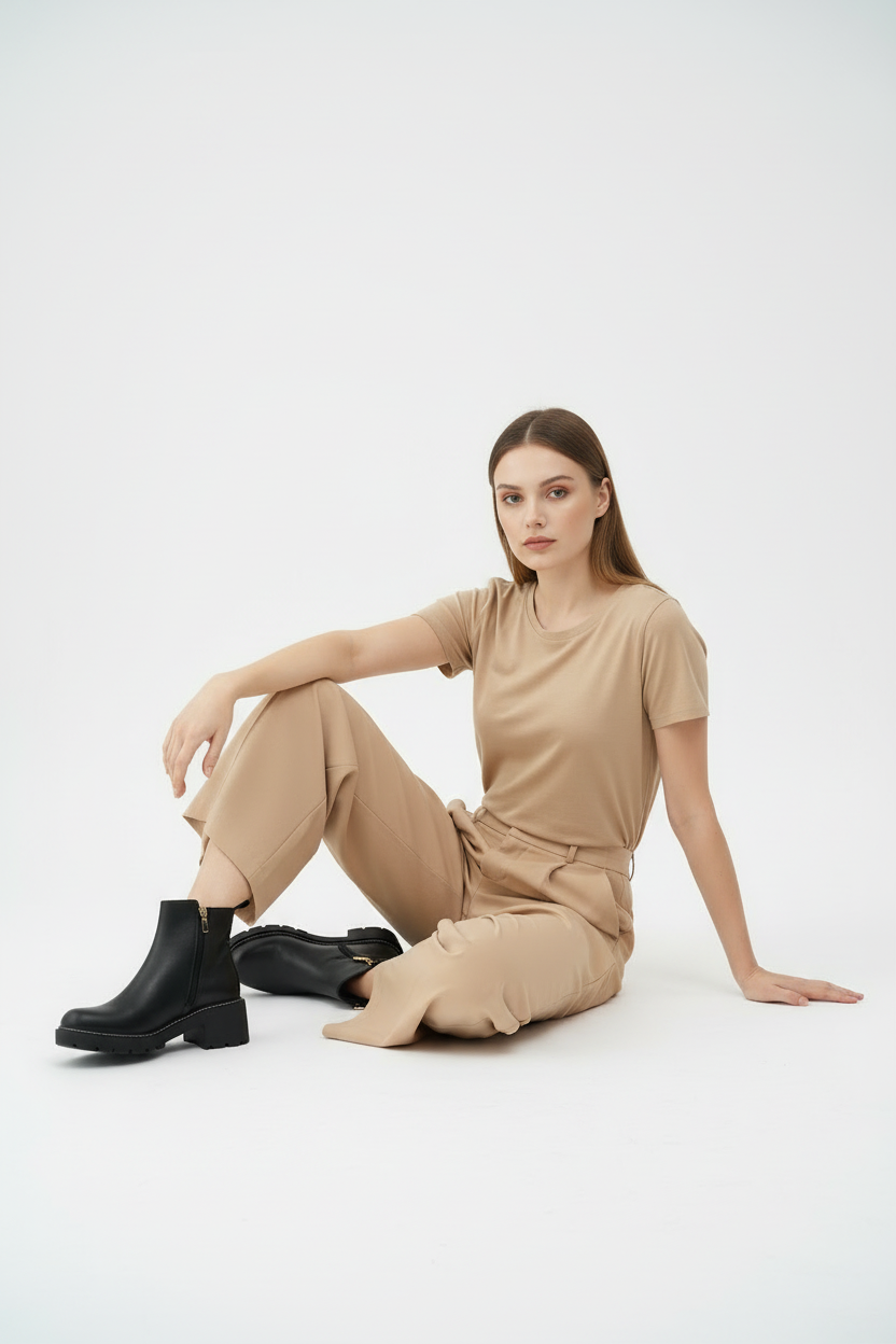 Botín Negro Con Cierre Lateral Dorado Y Suela Chunky Antideslizante Estilo Urbano 14669