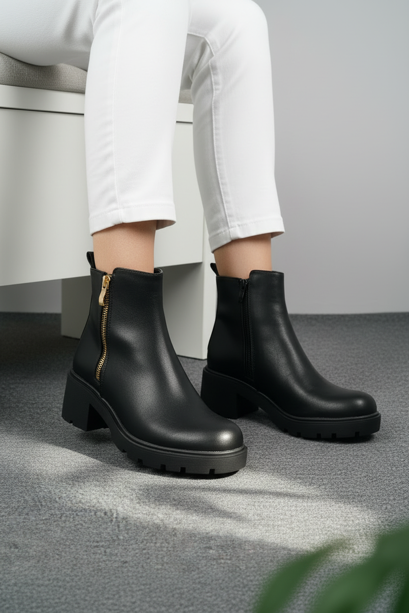Botín Negro Con Cierre Lateral Dorado Y Suela Chunky Antideslizante Estilo Urbano 14669
