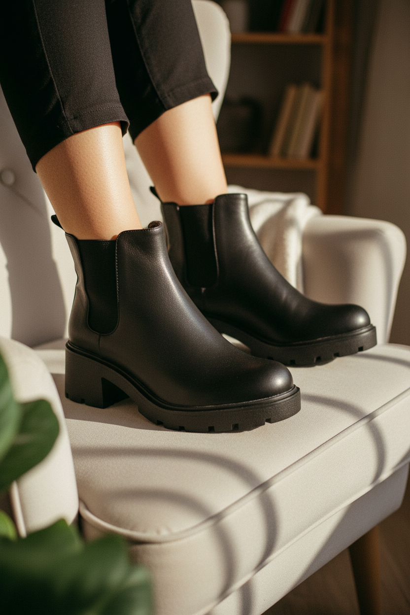 Botín Negro Plataforma Clásica Con Panel Elástico Lateral Para Ajuste Práctico Y Estabilidad – 14668