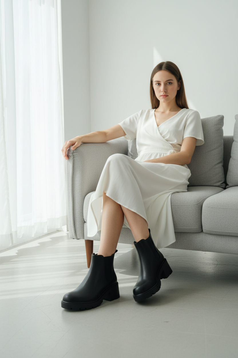 Botín Negro Plataforma Clásica Con Panel Elástico Lateral Para Ajuste Práctico Y Estabilidad – 14668