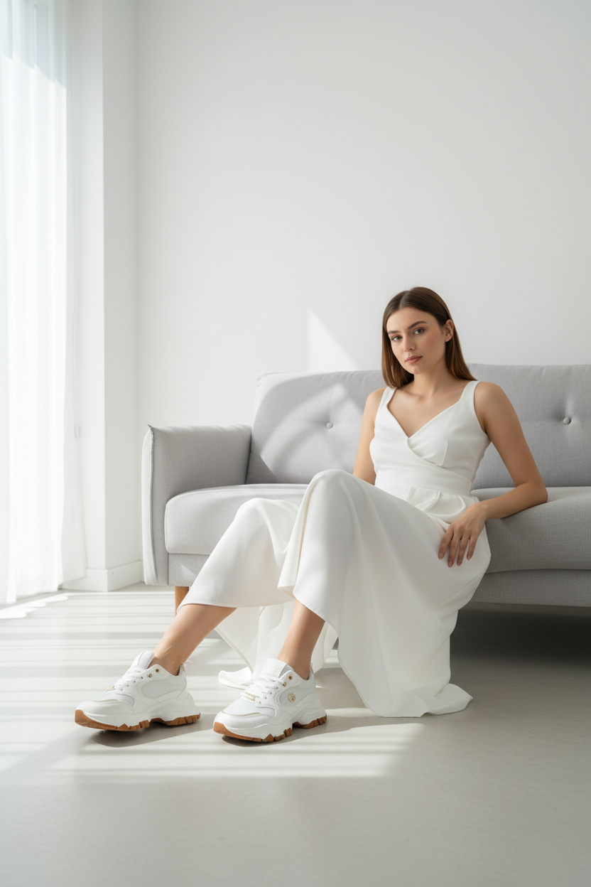 Tenis Blancos Con Detalles Dorados Y Suela Gruesa Estilo Chunky Para Uso Diario Y Comodidad - 14667