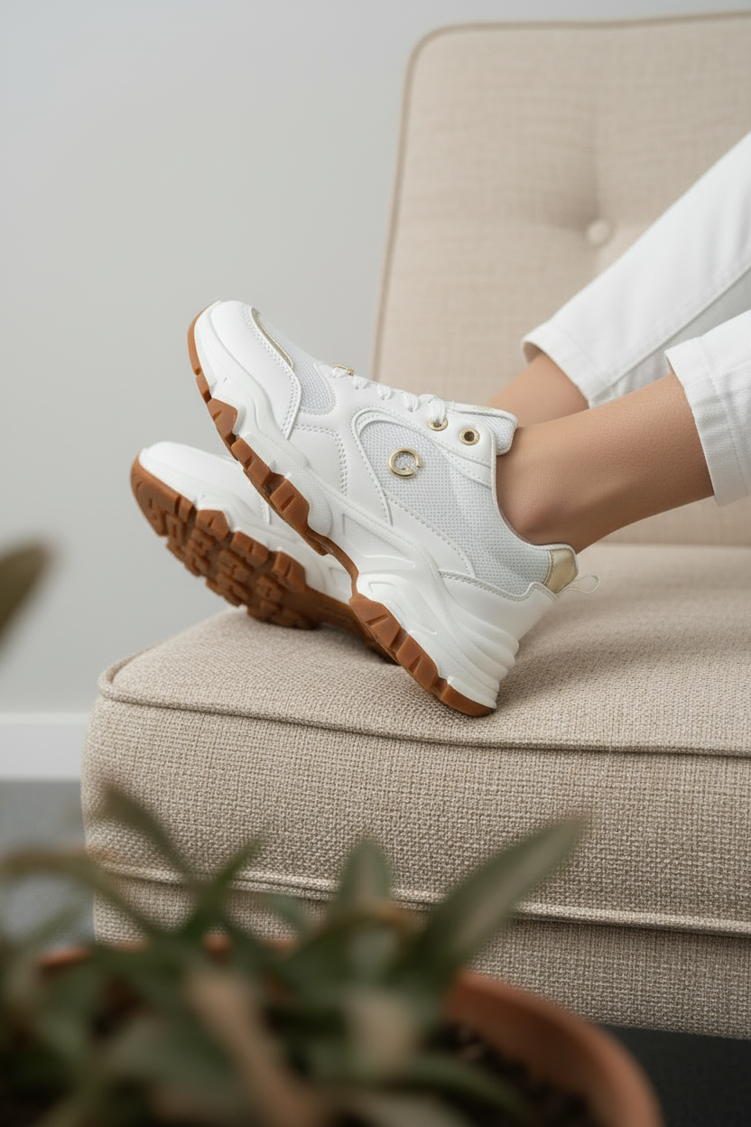 Tenis Blancos Con Detalles Dorados Y Suela Gruesa Estilo Chunky Para Uso Diario Y Comodidad - 14667