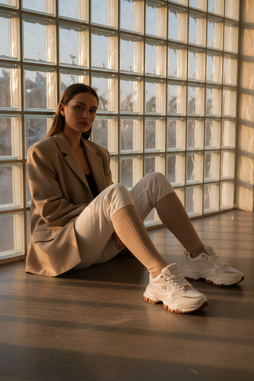 Tenis Blancos Con Detalles Dorados Y Suela Gruesa Estilo Chunky Para Uso Diario Y Comodidad - 14667