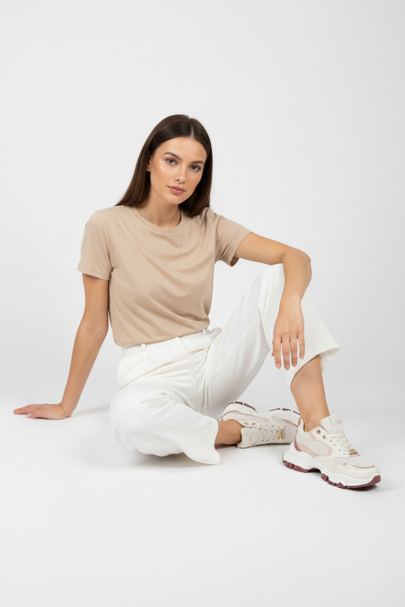 Tenis - Beige con Acentos Rosados y Detalles Texturizados - Diseño Chunky Moderno - 14666